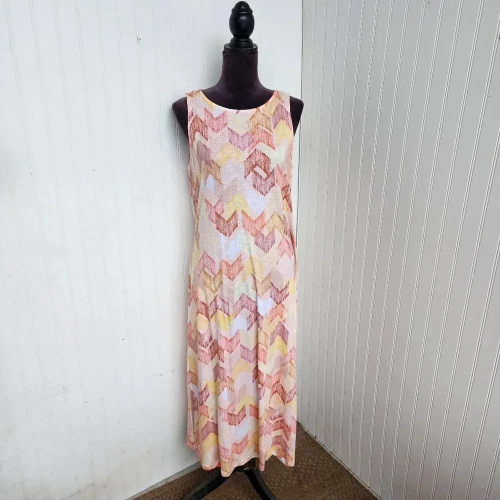 Naturals D&Co Pink Orange Geo Striped Maxi Dress Lined Sleeveless Petite M Mp
